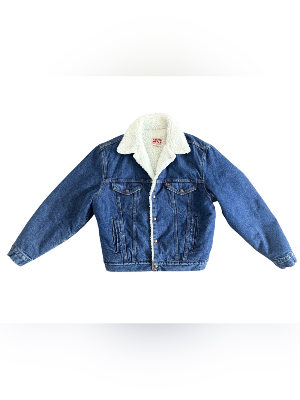 Vintage Levi's Men’s Dark Blue Denim Jacket with Cream Sherpa Lining
